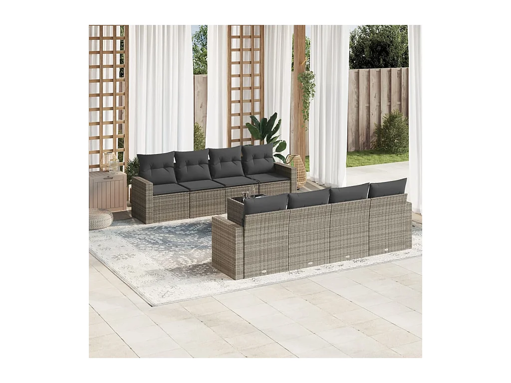 Salon de jardin 9 pièces avec coussins gris résine tressée