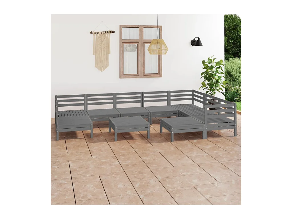 Juego de muebles de jardín 10 piezas madera maciza de pino gris
