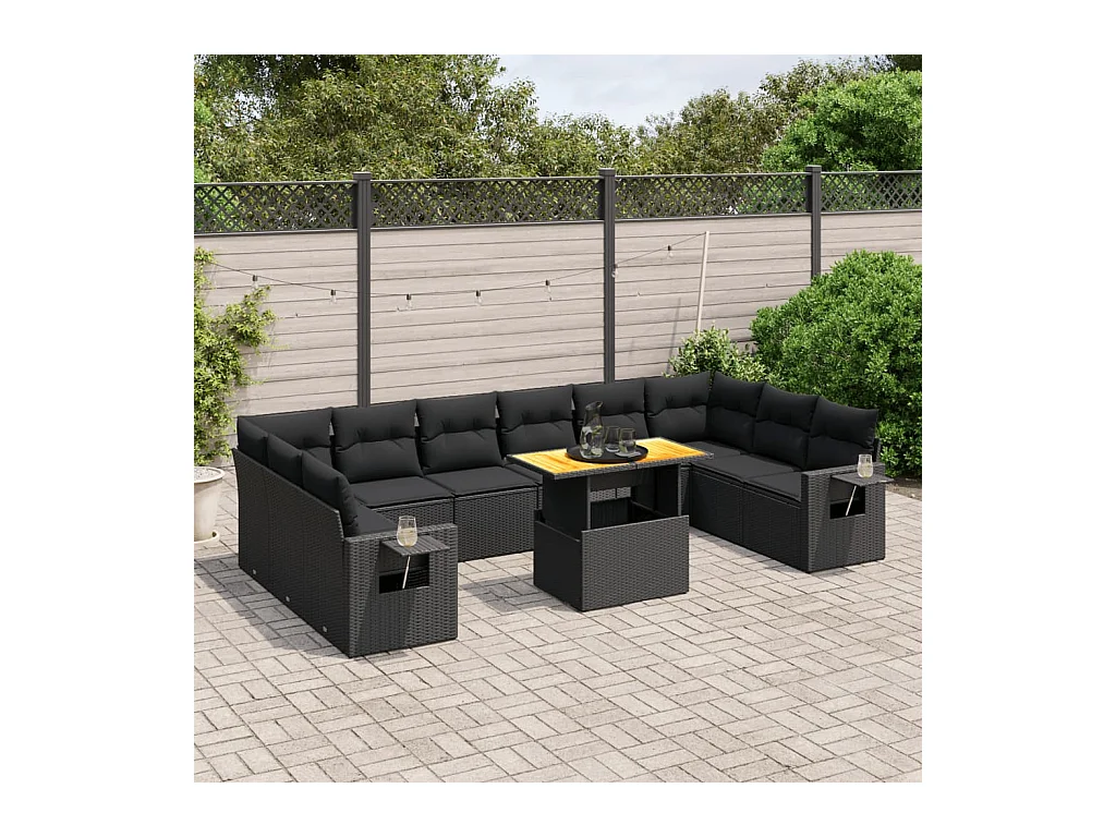 11-delige Loungeset met kussens poly rattan zwart