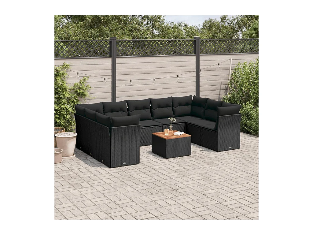 Salon de jardin 10 pièces avec coussins noir résine tressée