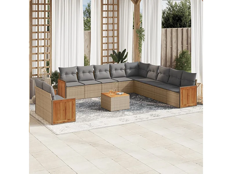 Salon de jardin avec coussins 12 pièces beige résine tressée