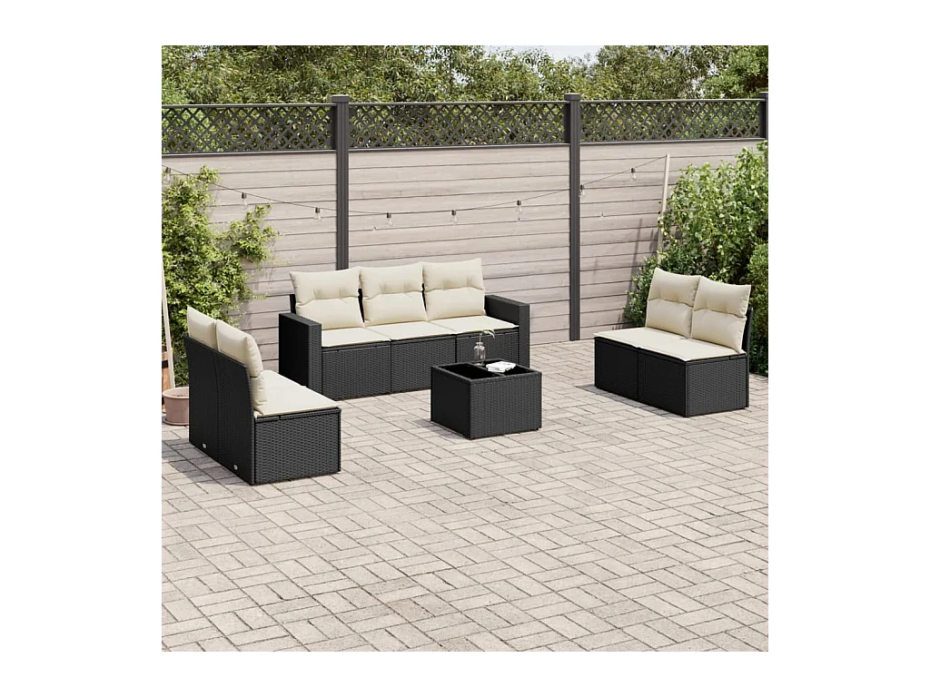Salon de jardin 8 pièces avec coussins noir résine tressée