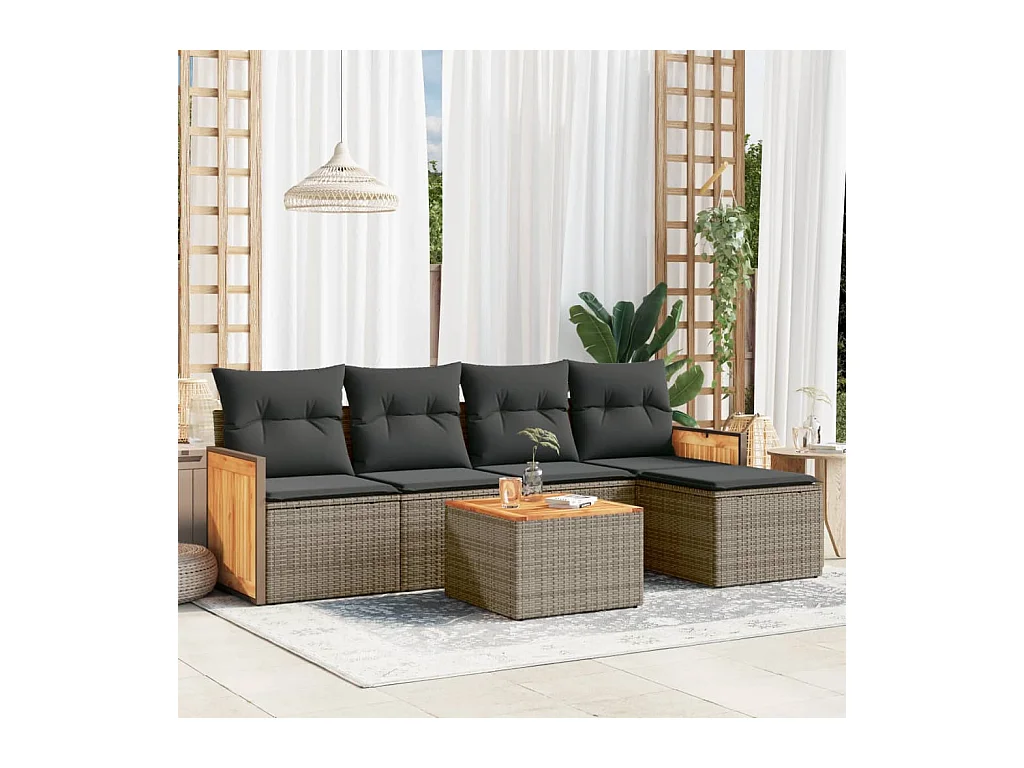 Salon de jardin 6 pièces avec coussins gris résine tressée