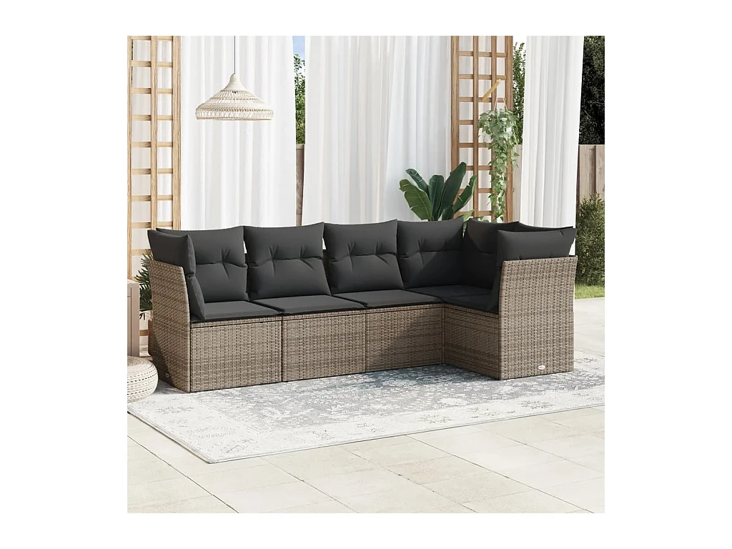Salon de jardin 5 pièces avec coussins gris résine tressée