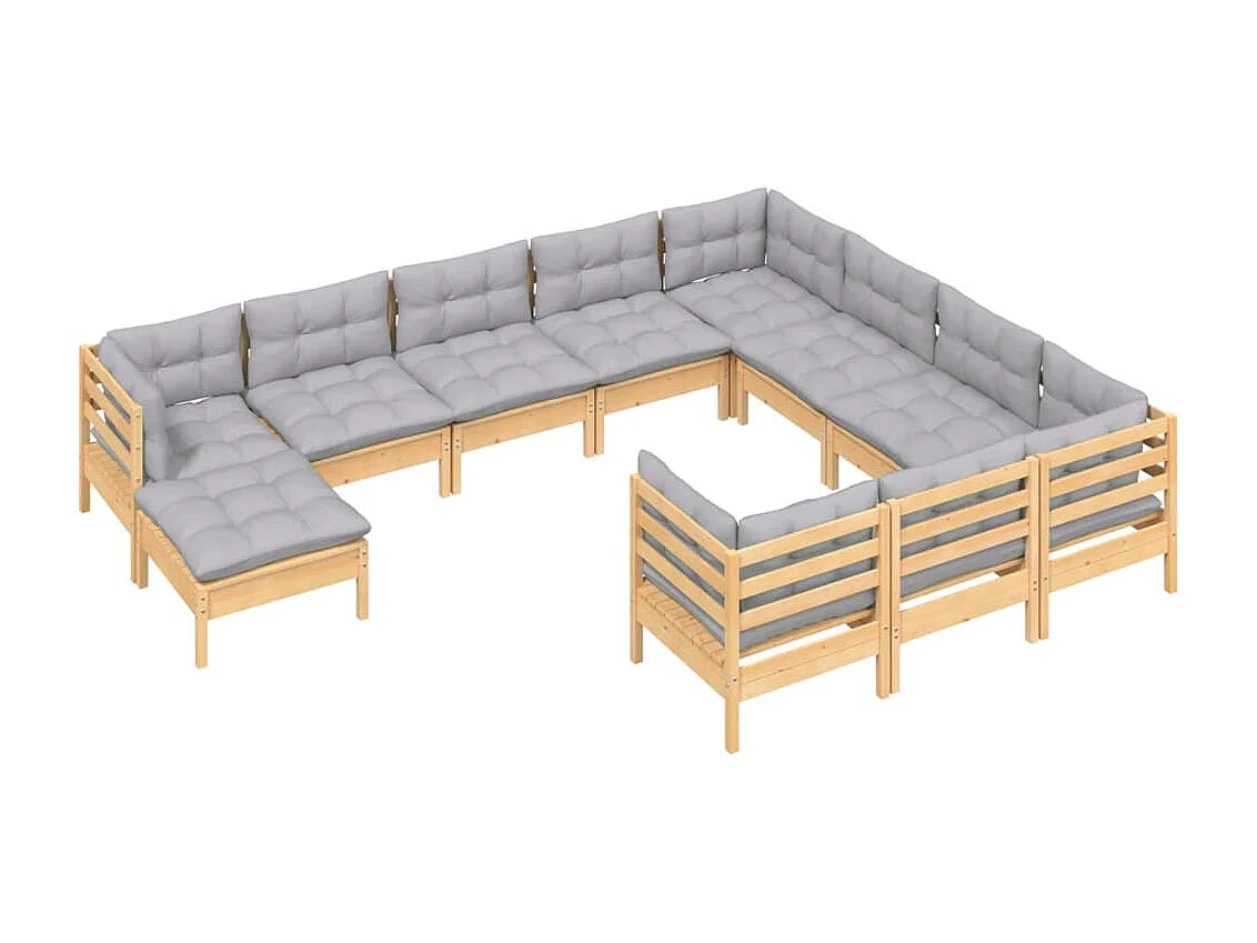 Salon de jardin 11 pièces avec coussins gris bois de pin