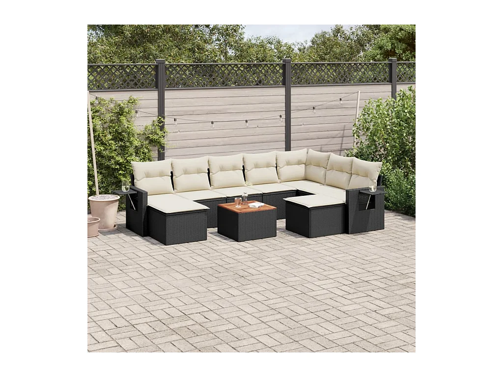 Salon de jardin 10 pièces avec coussins noir résine tressée