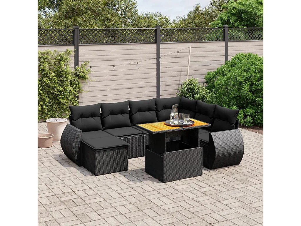 8 peças conjunto sofás de jardim com almofadões vime PE preto