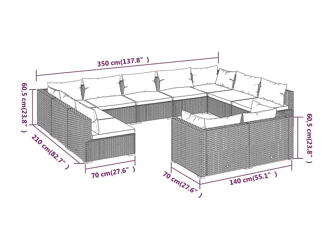 11-delige Loungeset met kussens poly rattan bruin