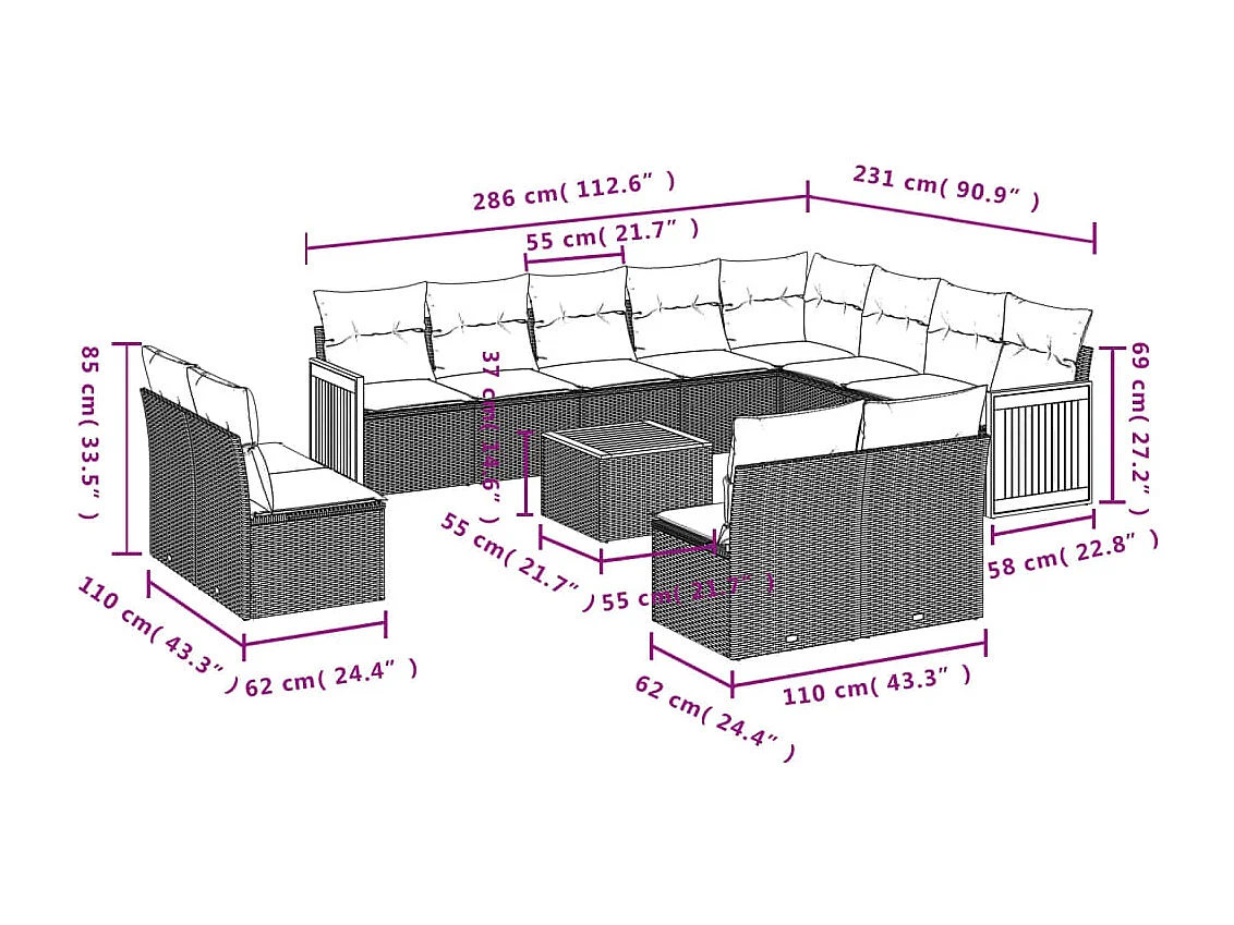 13-delige Loungeset met kussens poly rattan beige