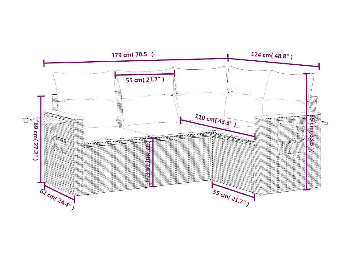 4-delige Loungeset met kussens poly rattan beige