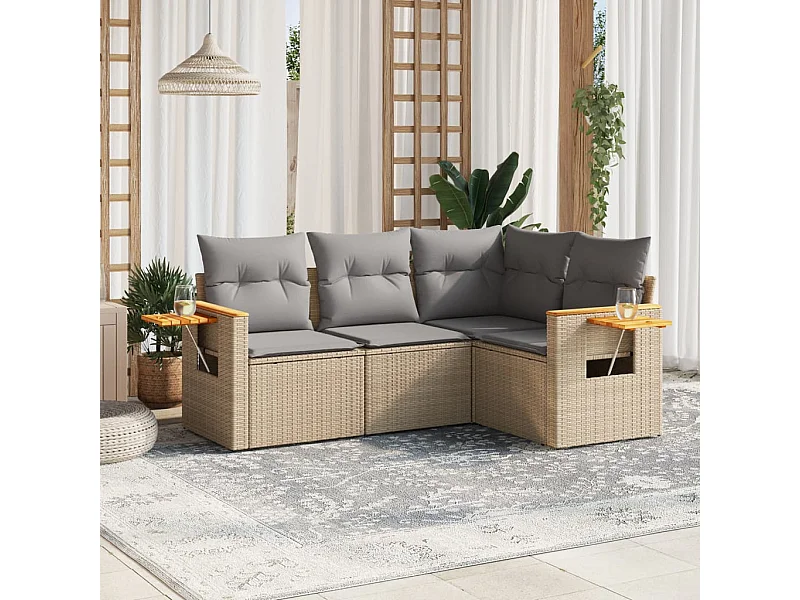 4-delige Loungeset met kussens poly rattan beige