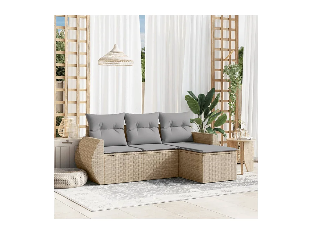 Salon de jardin avec coussins 4 pièces beige résine tressée