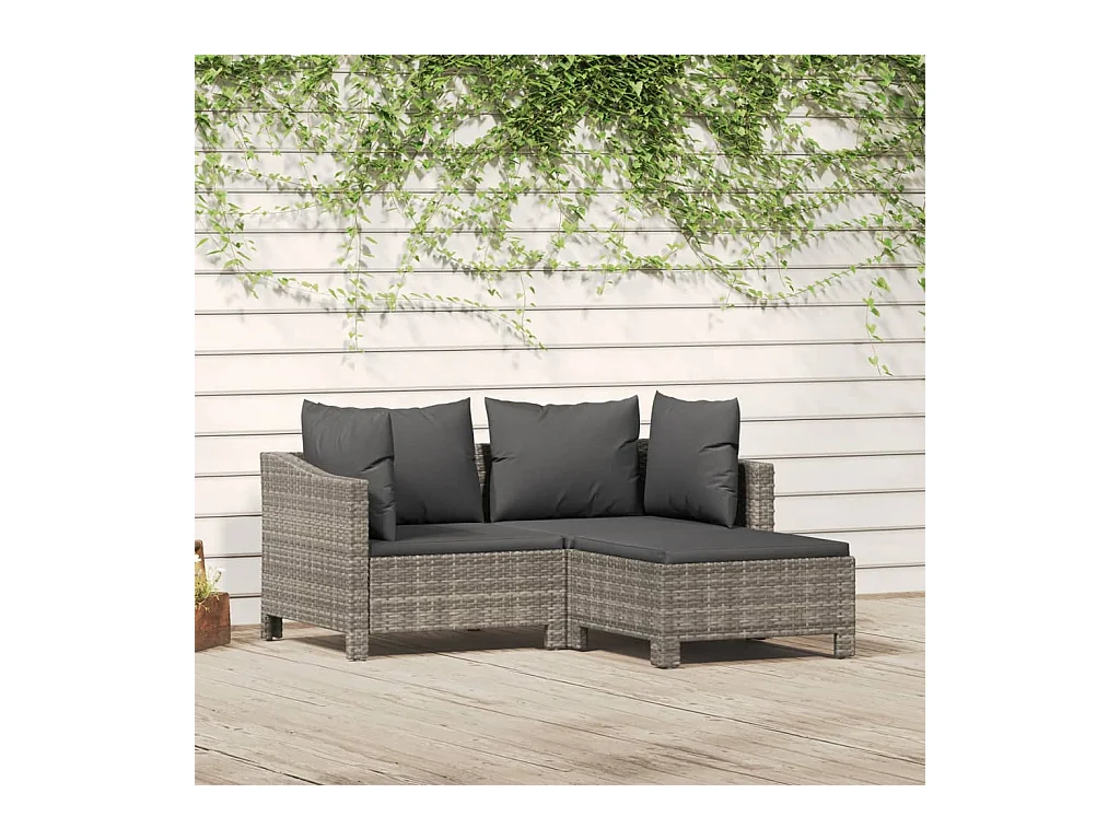 3 peças conjunto lounge de jardim c/ almofadões vime PE cinzento