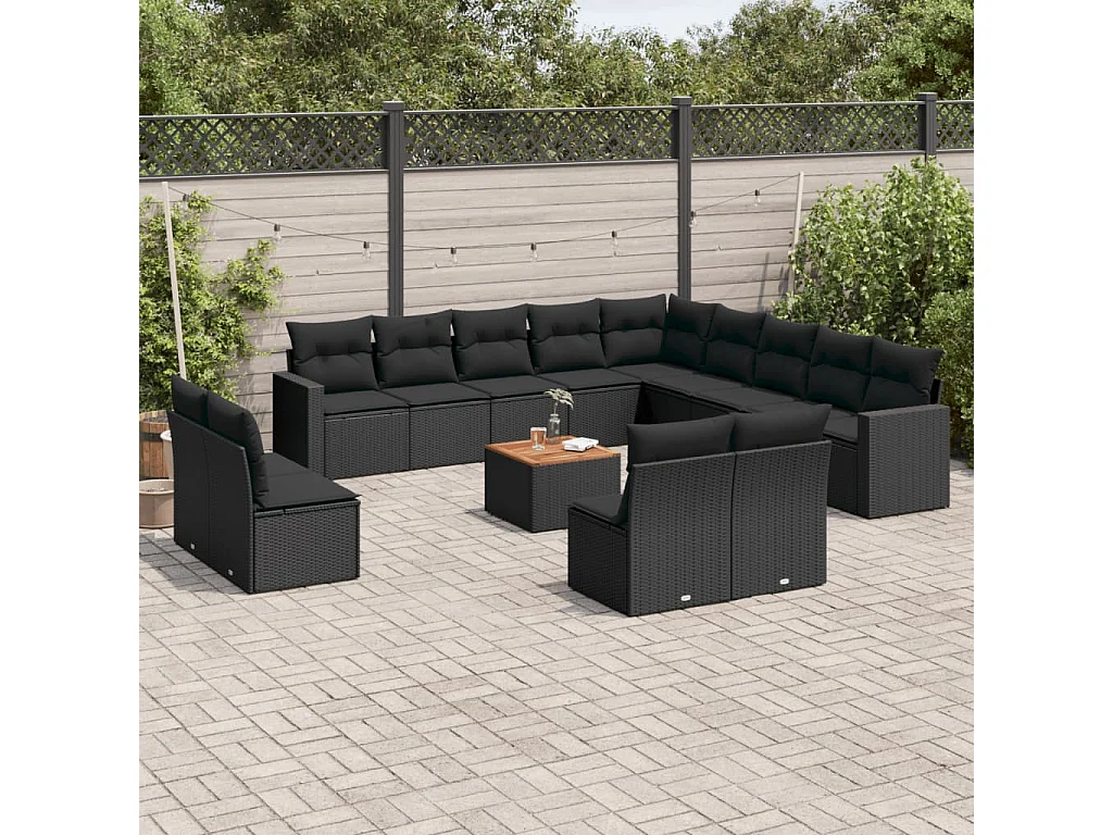 14 peças conjunto de sofás p/ jardim c/ almofadões vime PE preto
