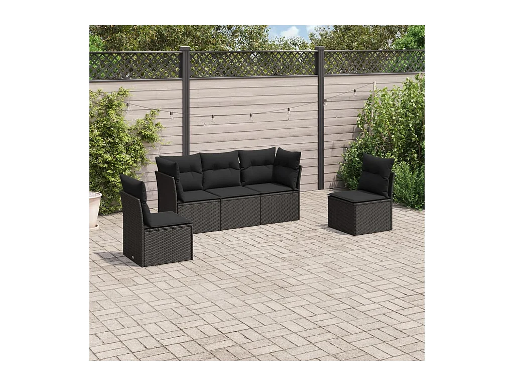 Set de muebles de jardín 5 piezas y cojines ratán sintético negro