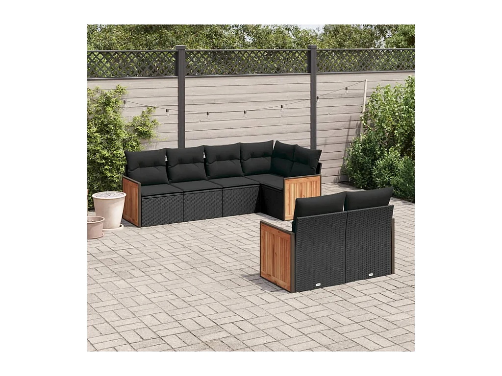 Salon de jardin 7 pièces avec coussins noir résine tressée
