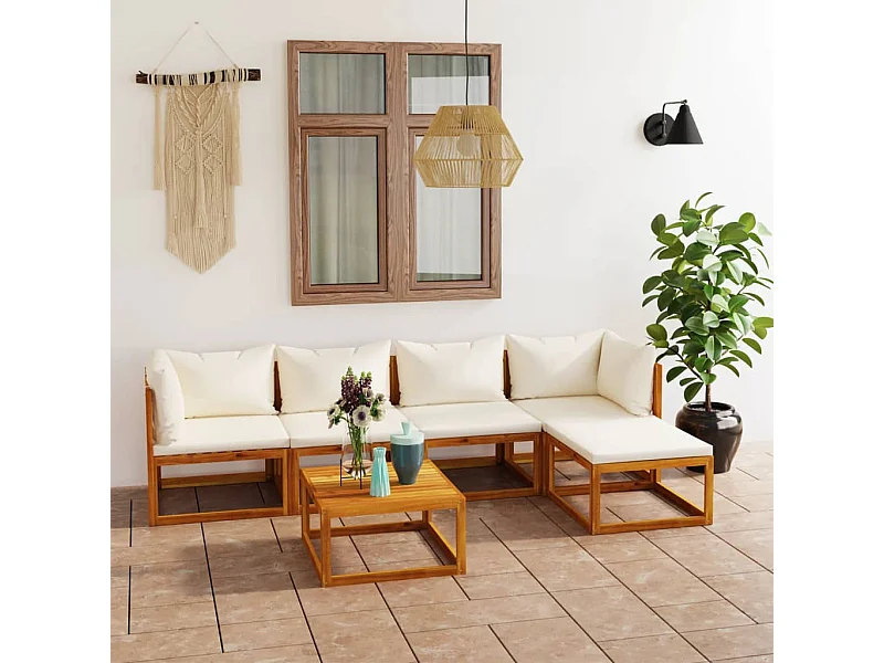 6 peças conjunto lounge jardim c/ almofadões acácia maciça creme