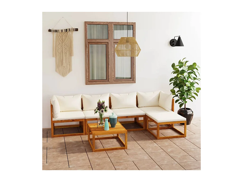Salon de jardin 6 pièces avec coussin Crème Bois d'acacia solide