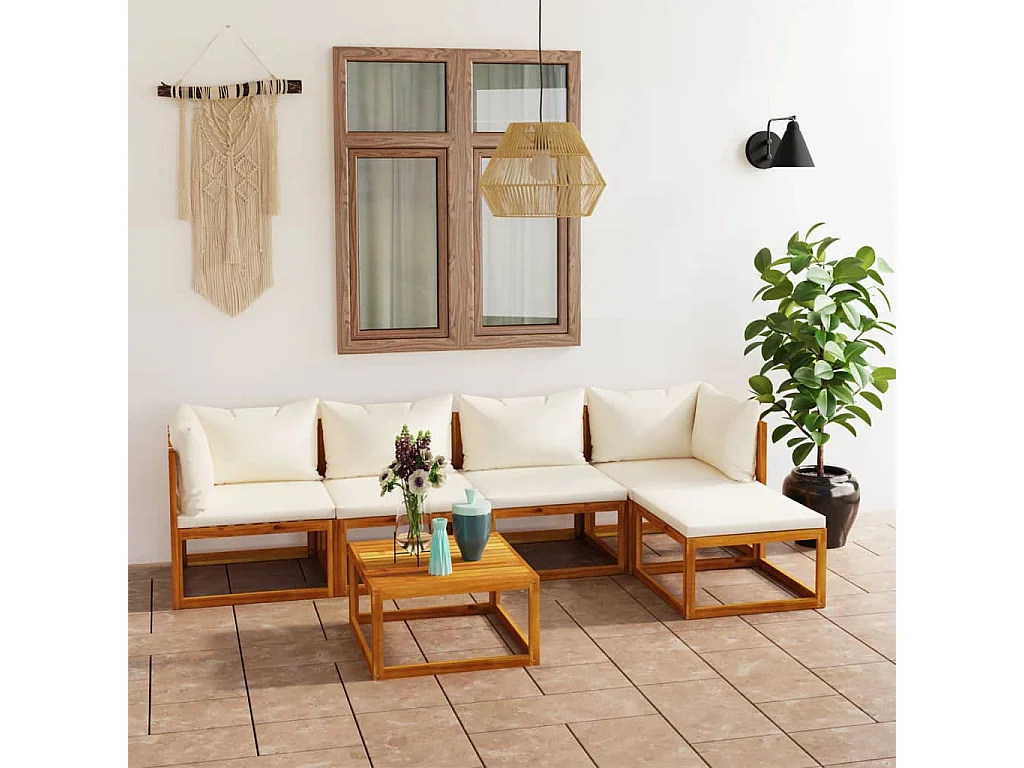 6 peças conjunto lounge jardim c/ almofadões acácia maciça creme