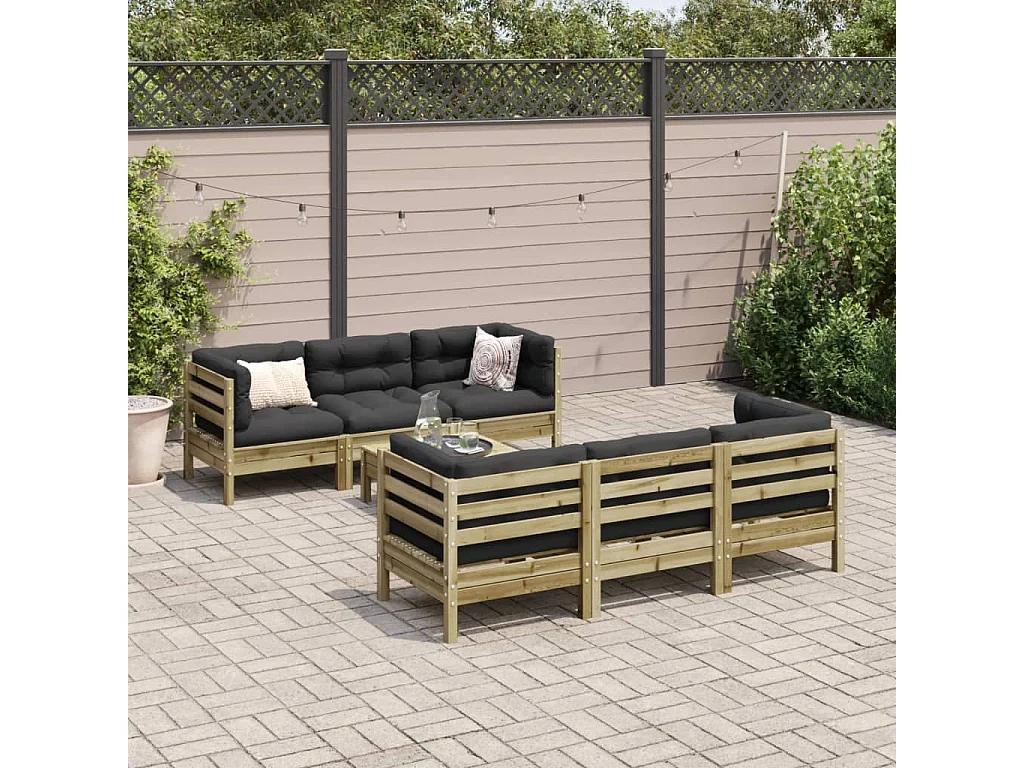 Salon de jardin 7 pièces avec coussins bois de pin imprégné