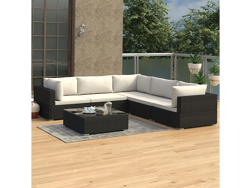 6-delige Loungeset met kussens poly rattan zwart