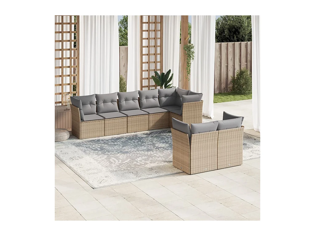 8-delige Loungeset met kussens poly rattan beige