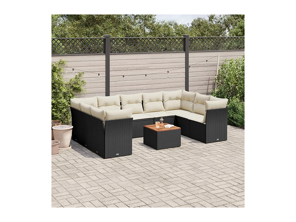 Salon de jardin 10 pièces avec coussins noir résine tressée