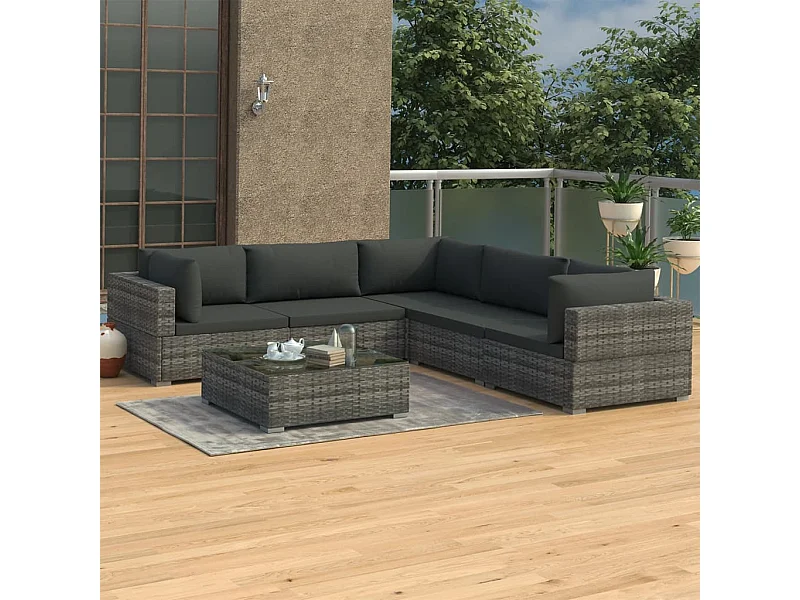 6-delige Loungeset met kussens poly rattan grijs