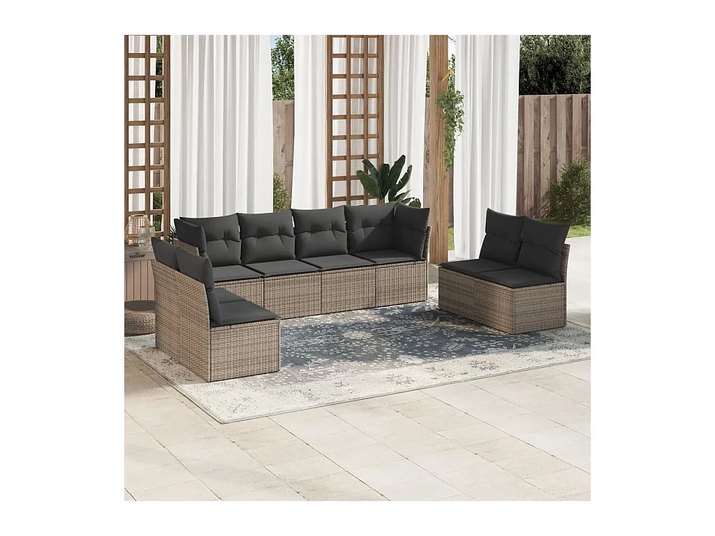 Salon de jardin 8 pièces avec coussins gris résine tressée