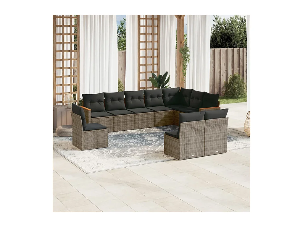 Set de sofás de jardín 10 piezas con cojines ratán sintético gris
