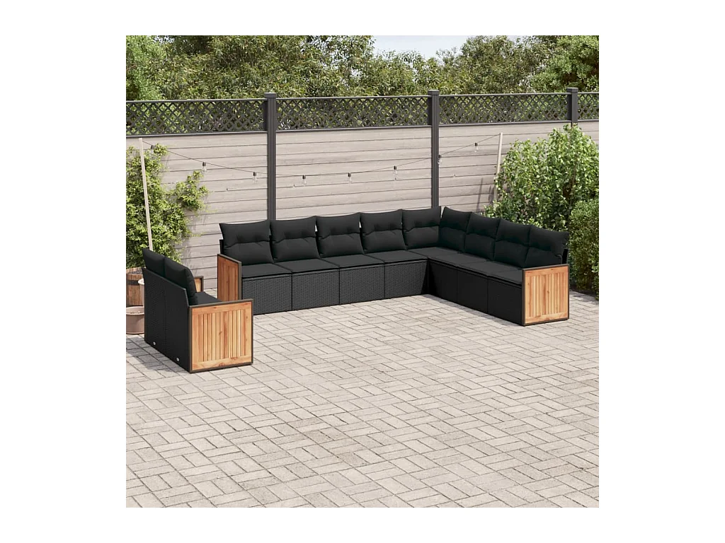 Salon de jardin 10 pièces avec coussins noir résine tressée