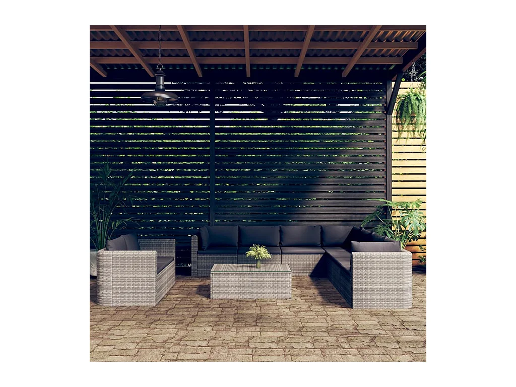 Salon de jardin 10 pièces avec coussins Résine tressée Gris