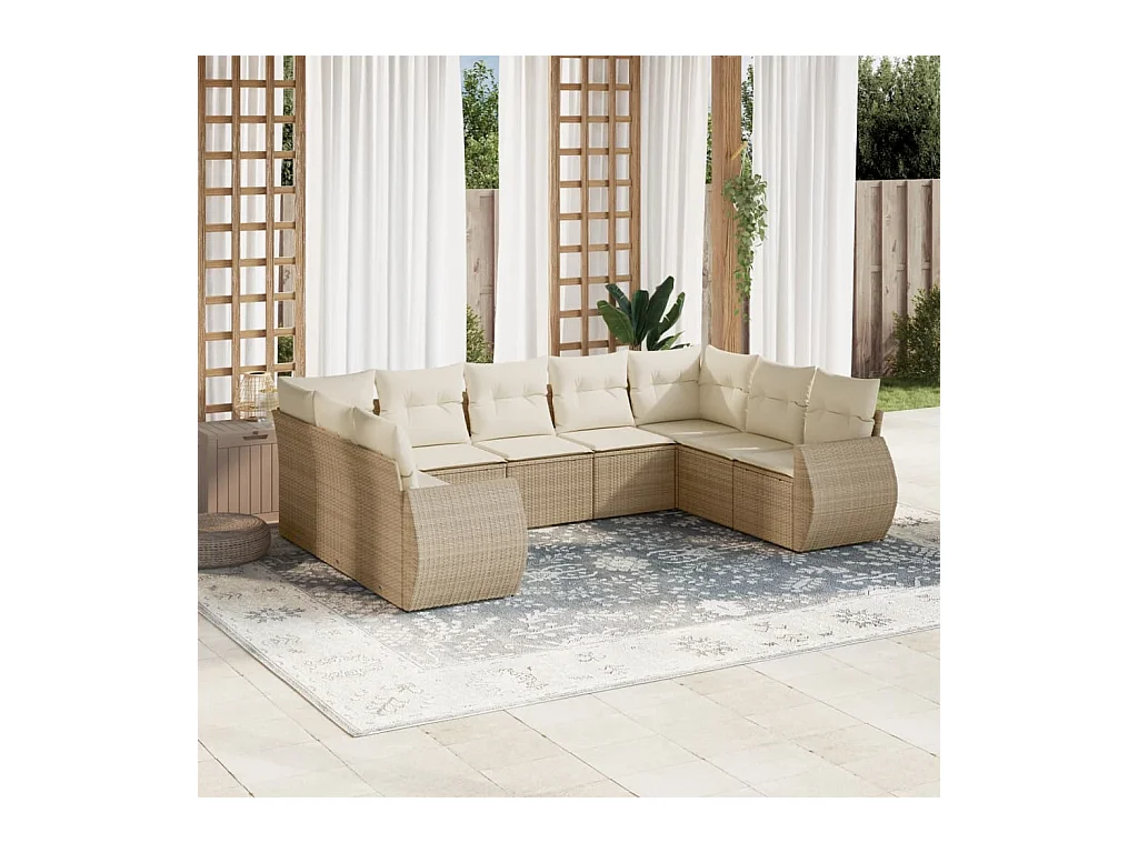Set de sofás de jardín 9 piezas con cojines ratán sintético beige