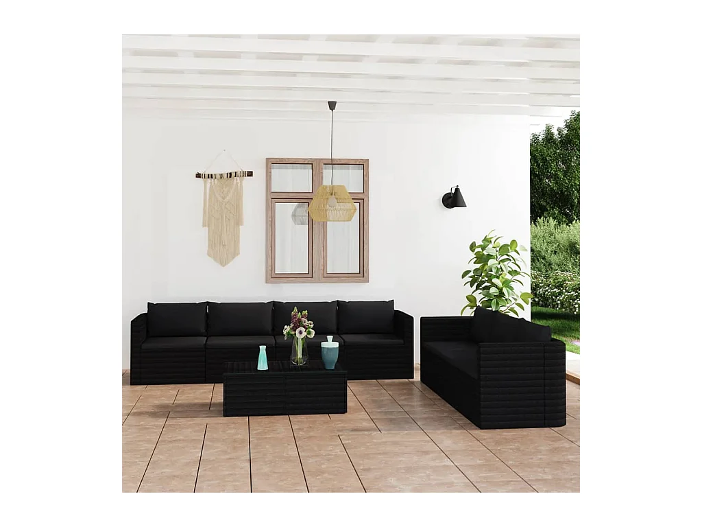 8-delige Loungeset met kussens poly rattan zwart
