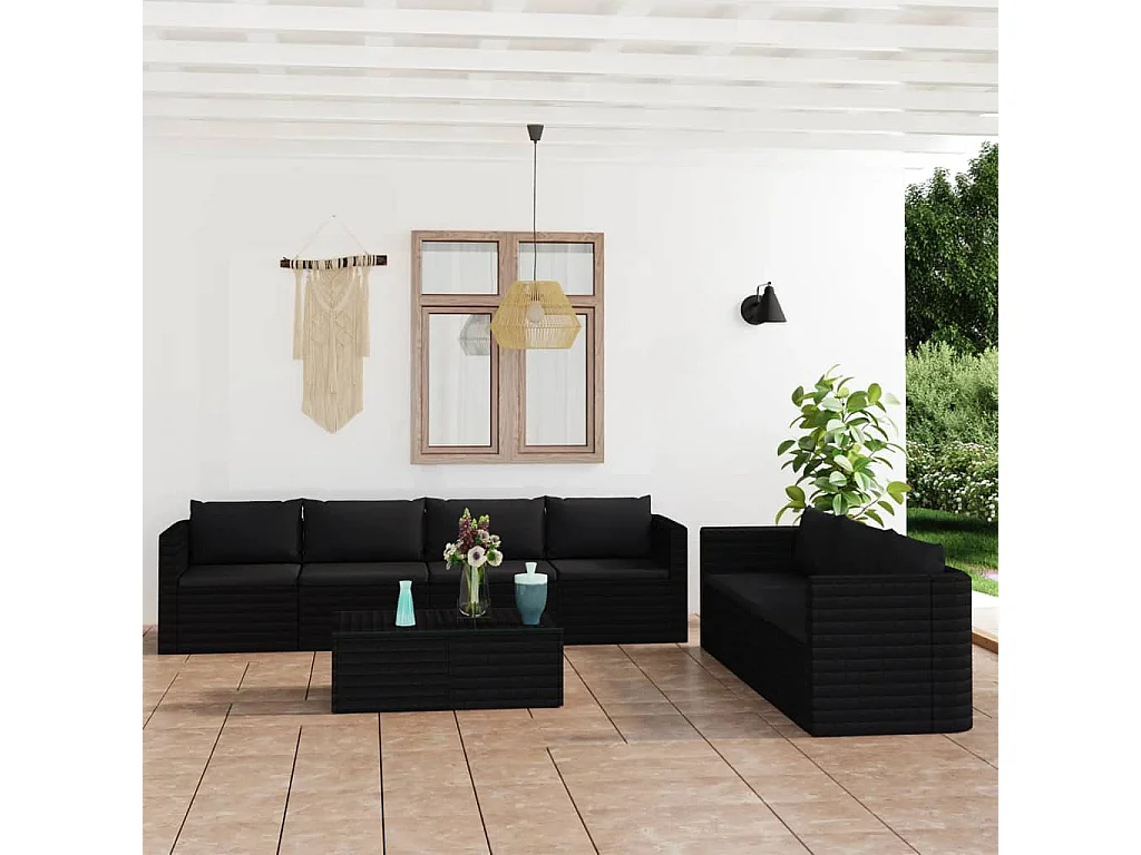 8-delige Loungeset met kussens poly rattan zwart