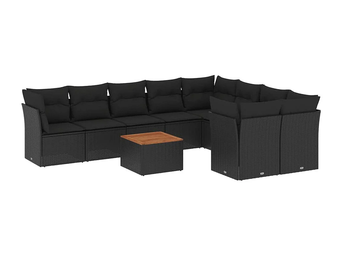 Salon de jardin 10 pièces avec coussins noir résine tressée