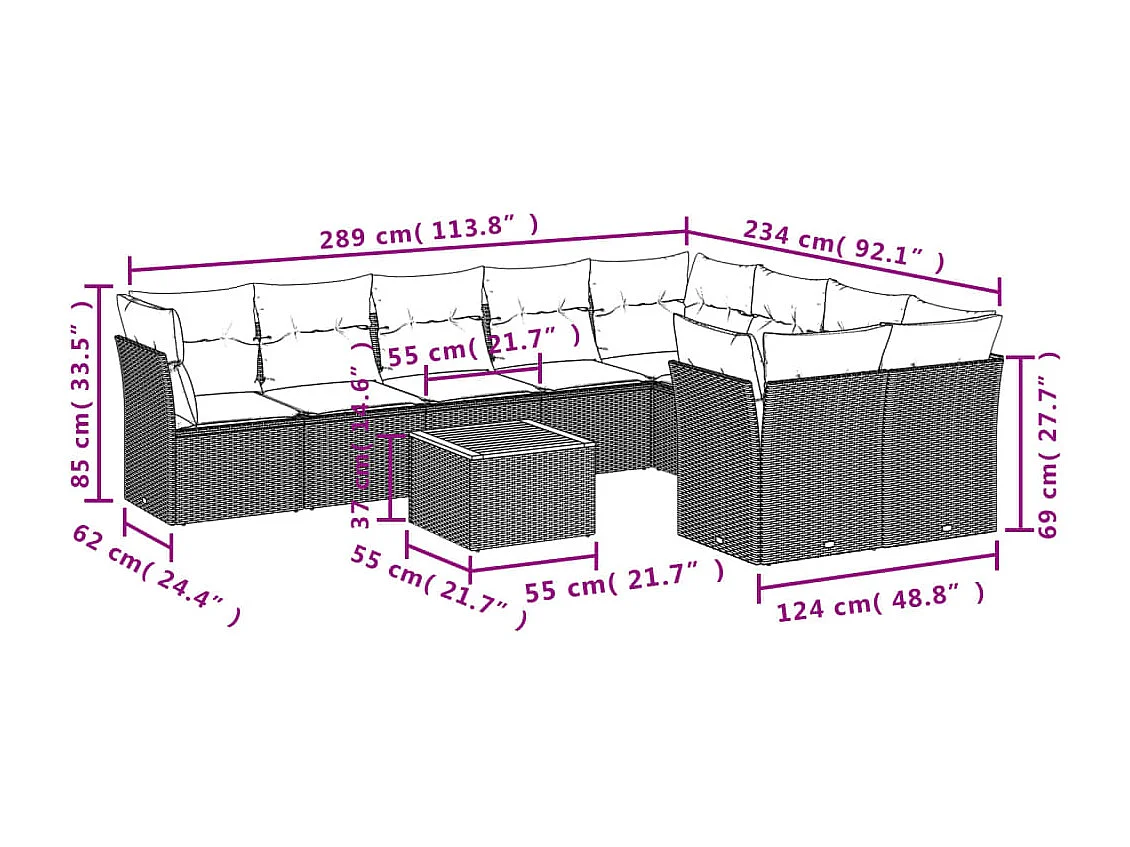 Salon de jardin 10 pièces avec coussins noir résine tressée
