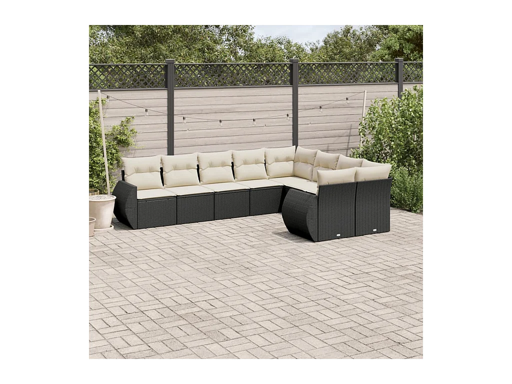 Salon de jardin 9 pièces avec coussins noir résine tressée