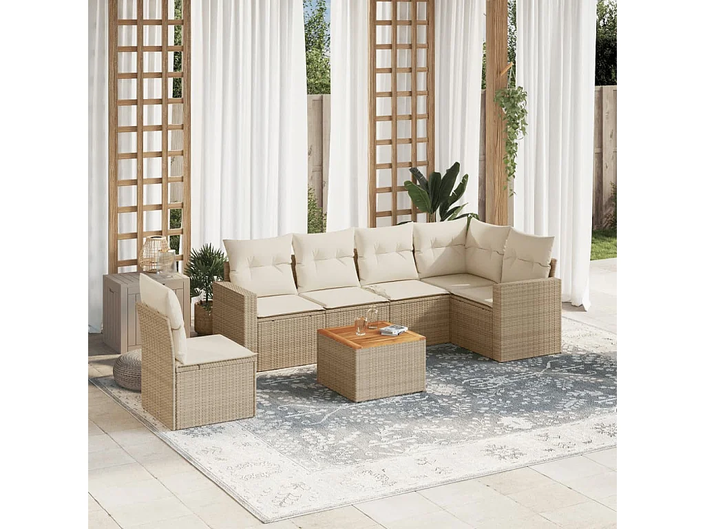 Set sofás de jardín 7 piezas y cojines ratán sintético beige
