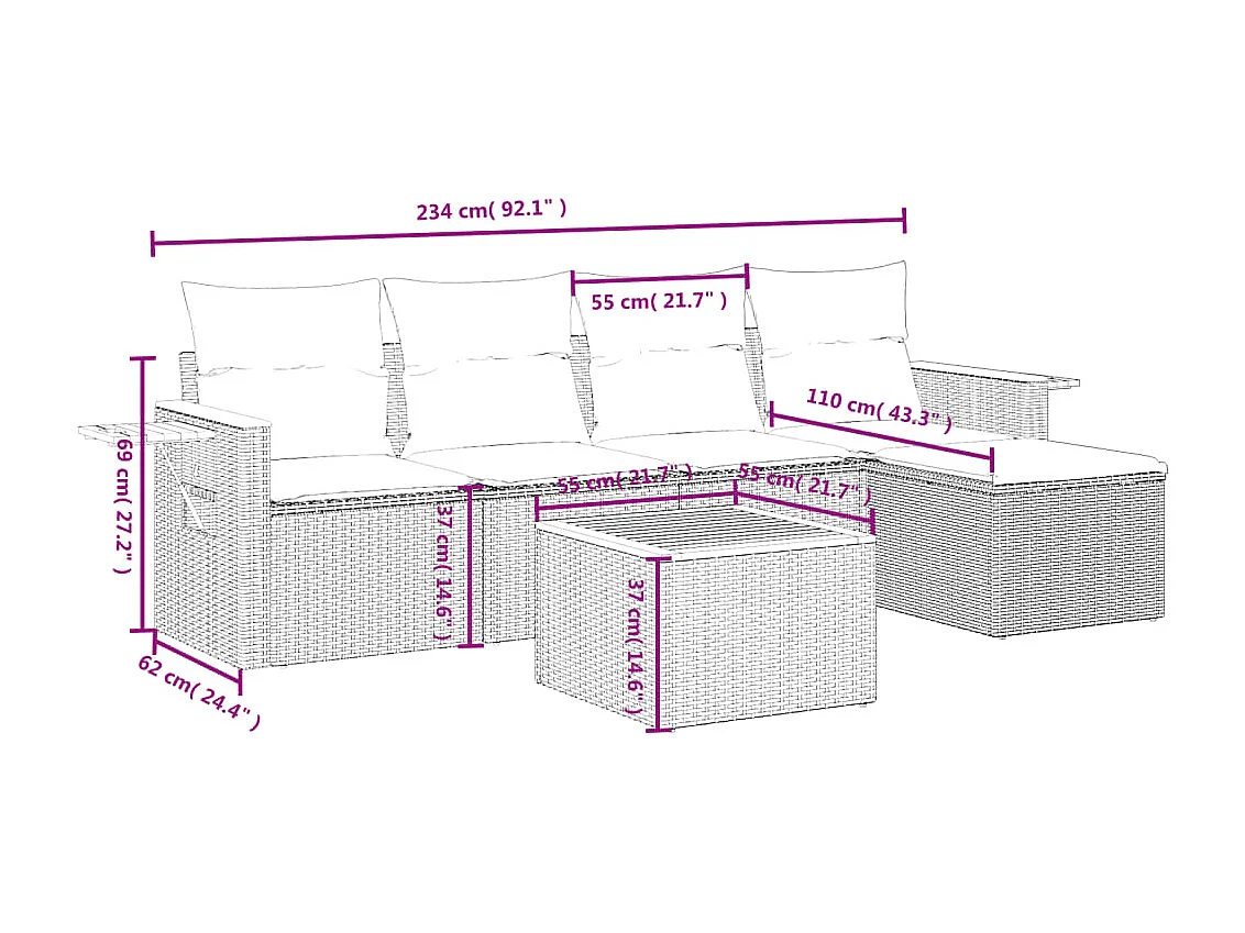6-delige Loungeset met kussens poly rattan zwart