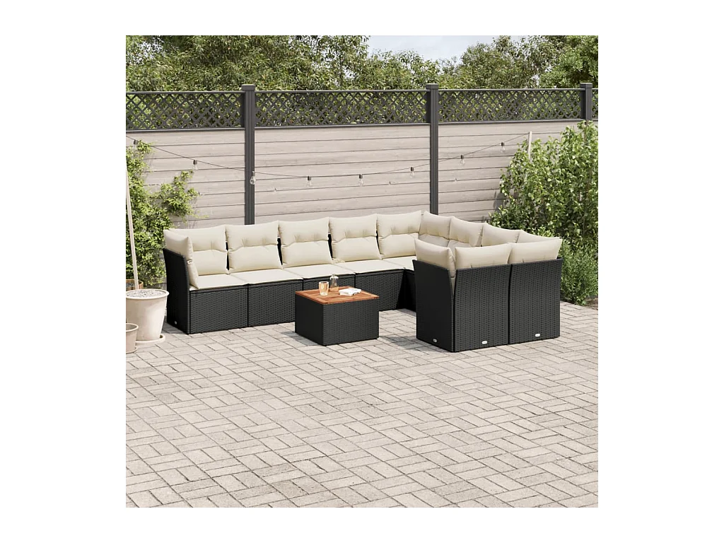 Salon de jardin 10 pièces avec coussins noir résine tressée