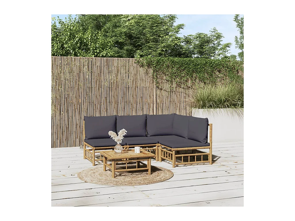 Salon de jardin 5 pièces avec coussins gris foncé bambou