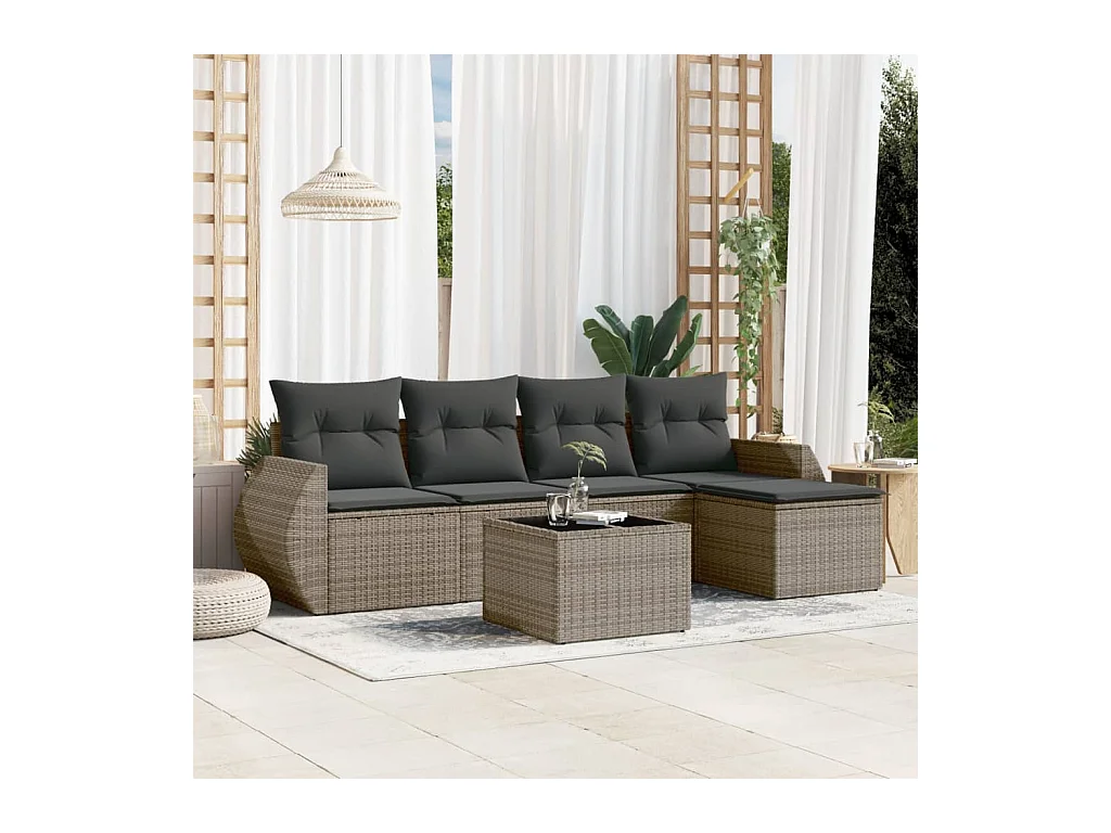 Salon de jardin 6 pièces avec coussins gris résine tressée