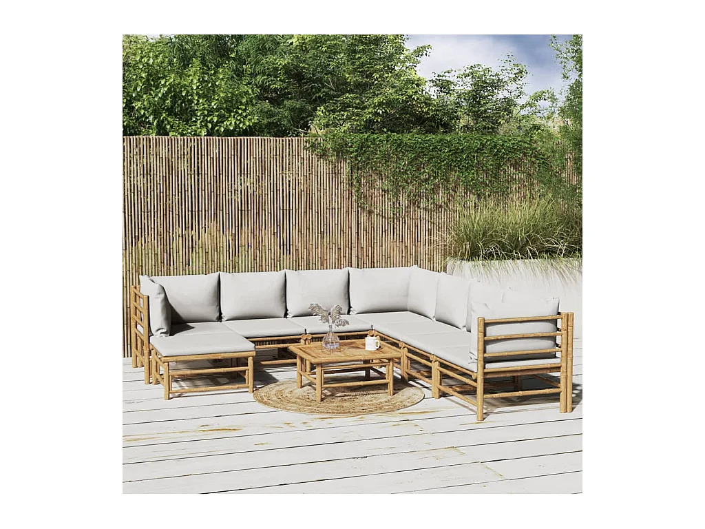 Salon de jardin 9 pièces avec coussins gris clair bambou