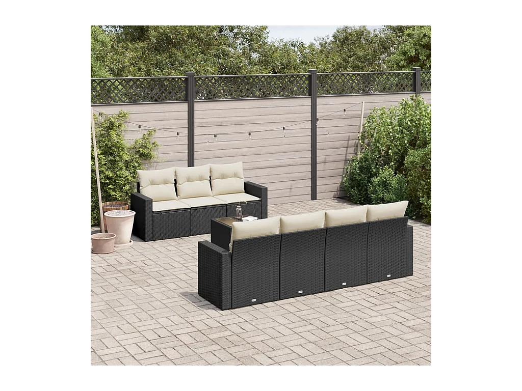 Salon de jardin 8 pièces avec coussins noir résine tressée