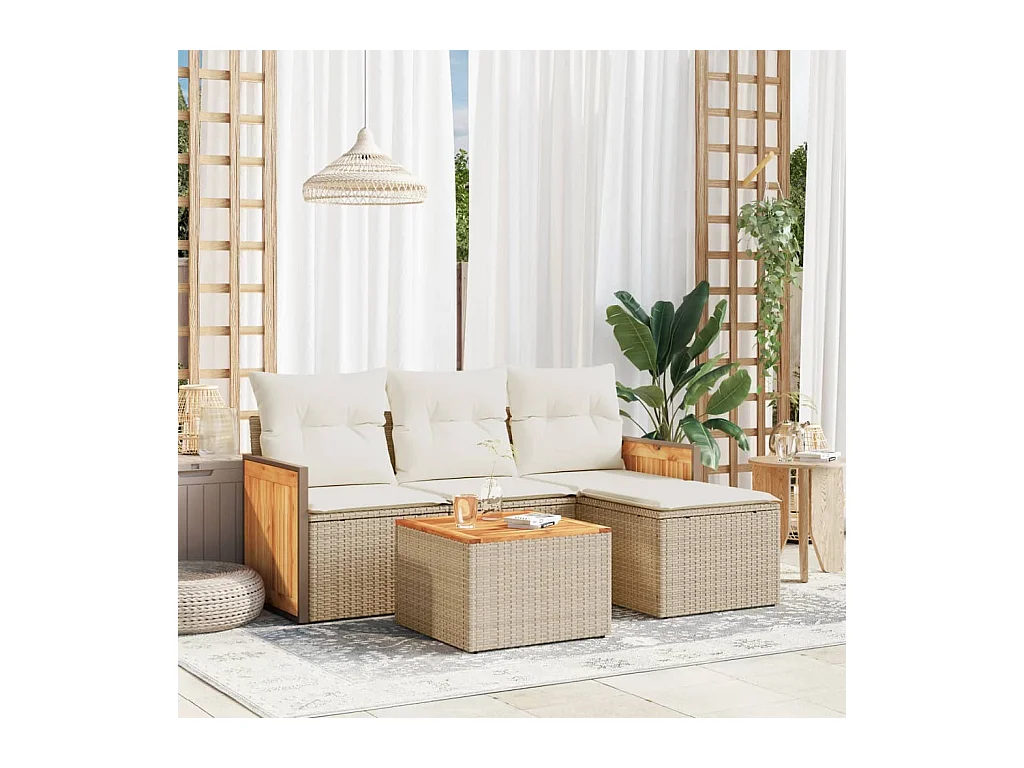 Salon de jardin avec coussins 5 pièces beige résine tressée