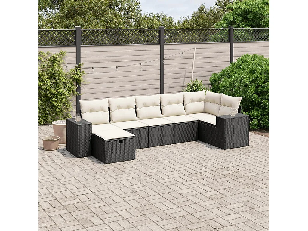 7-delige Loungeset met kussens poly rattan zwart