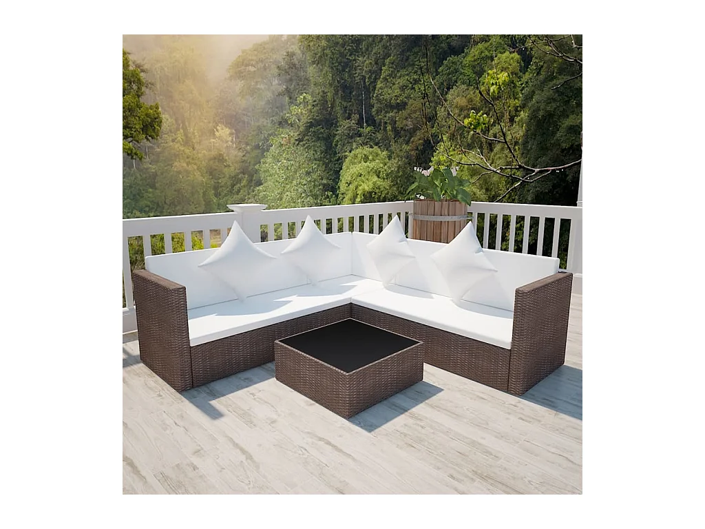 4 peças conjunto lounge jardim c/ almofadões vime PE castanho