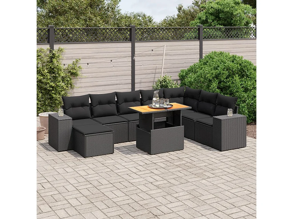 9 peças conjunto de sofás p/ jardim c/ almofadões vime PE preto