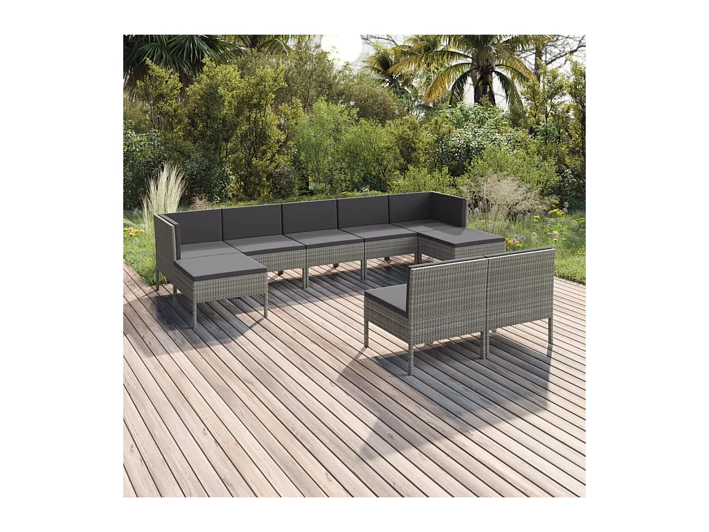 Salon de jardin 9 pièces avec coussins Résine tressée Gris
